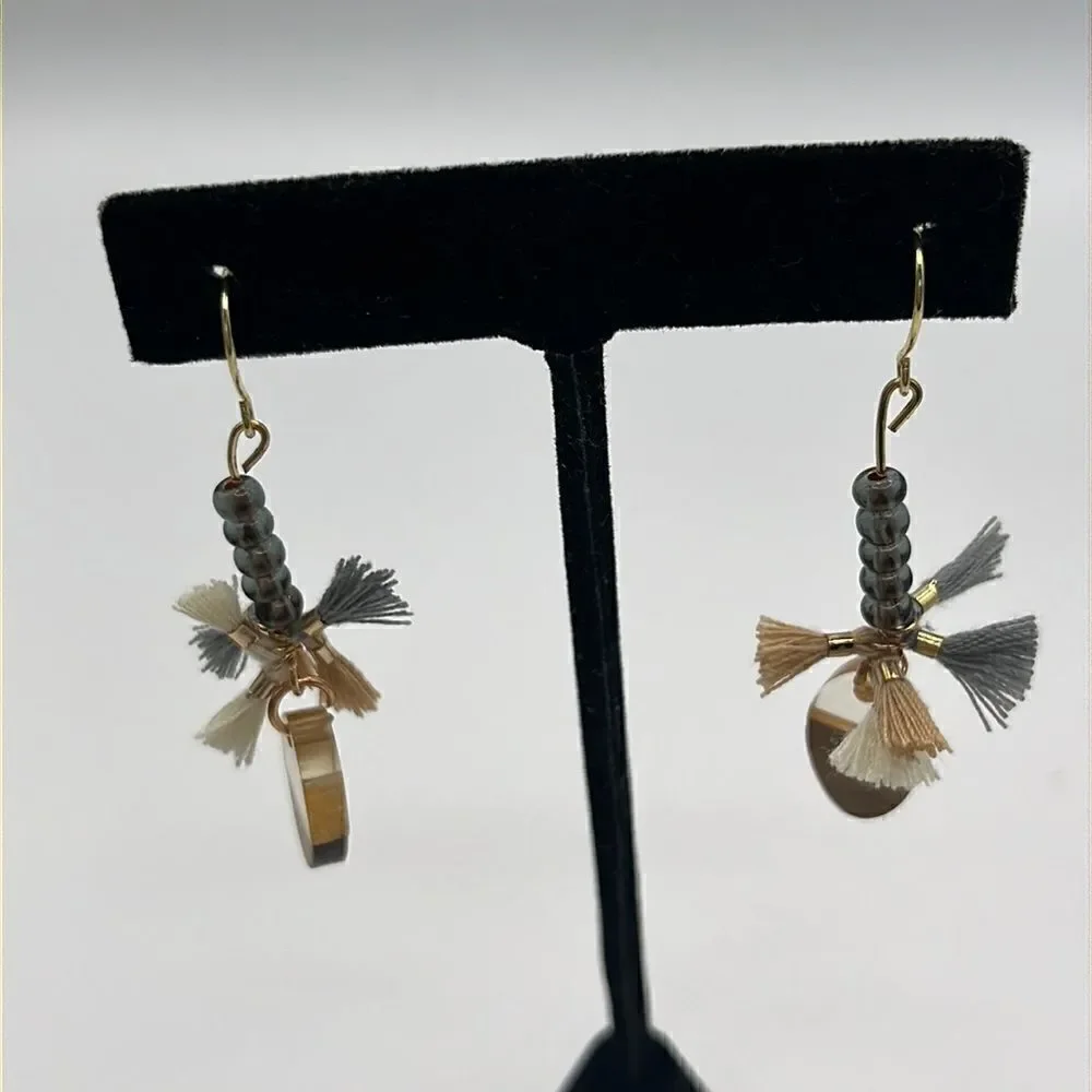 Gold Tone Beaded Tassels and Earth Tone Charm Drop Boho 2” Earrings